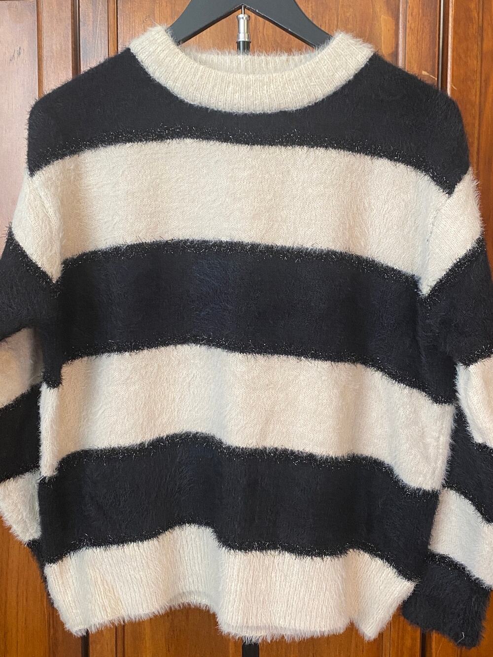 Molly Bracken Black Ivory Striped Fuzzy Knit Sweater Women’s Small